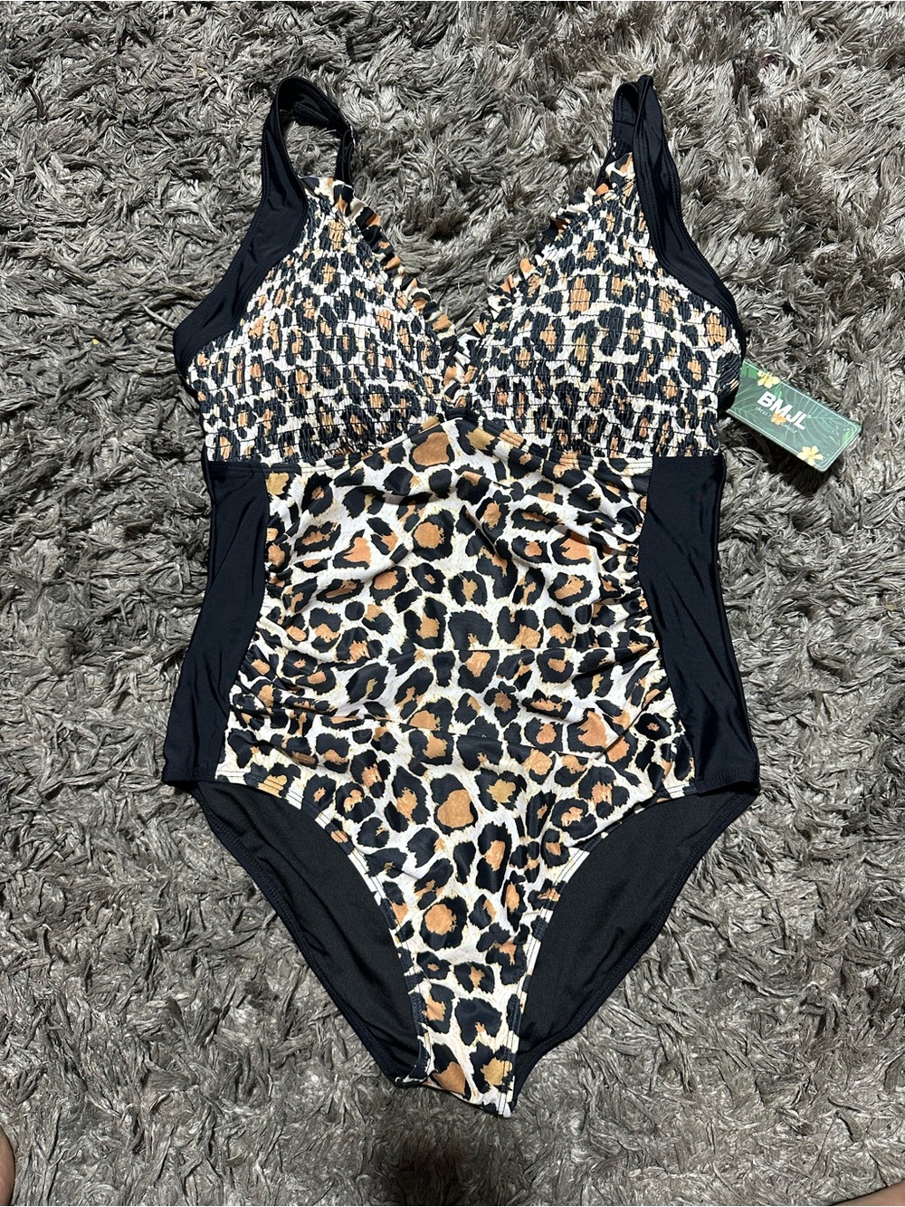 BMJL Girls' Leopard Print One-Piece Swimsuit in Black and Tan<<337>>